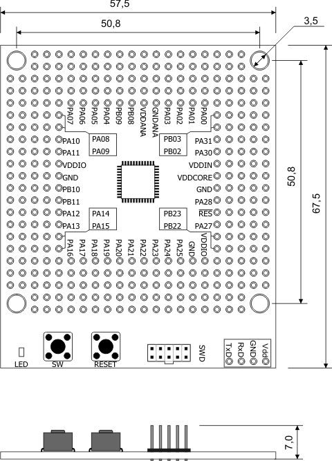 Габаритные размеры отладочной платы SEM0040
