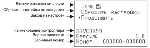 Экран с информацией о контроллере и настройками.