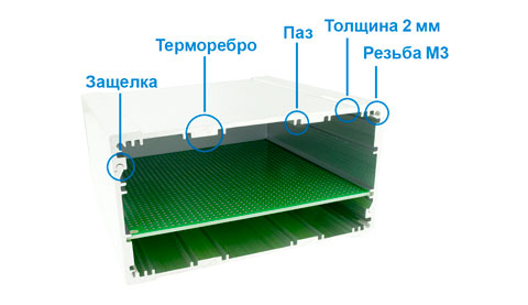 Корпус приборный PCBBOX-112x59x100, конструктивные элементы