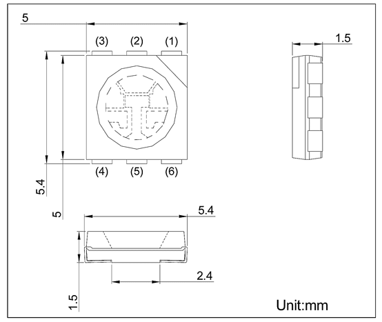 Габаритный чертеж светодиодов набора EK-HL5050RGBWY
